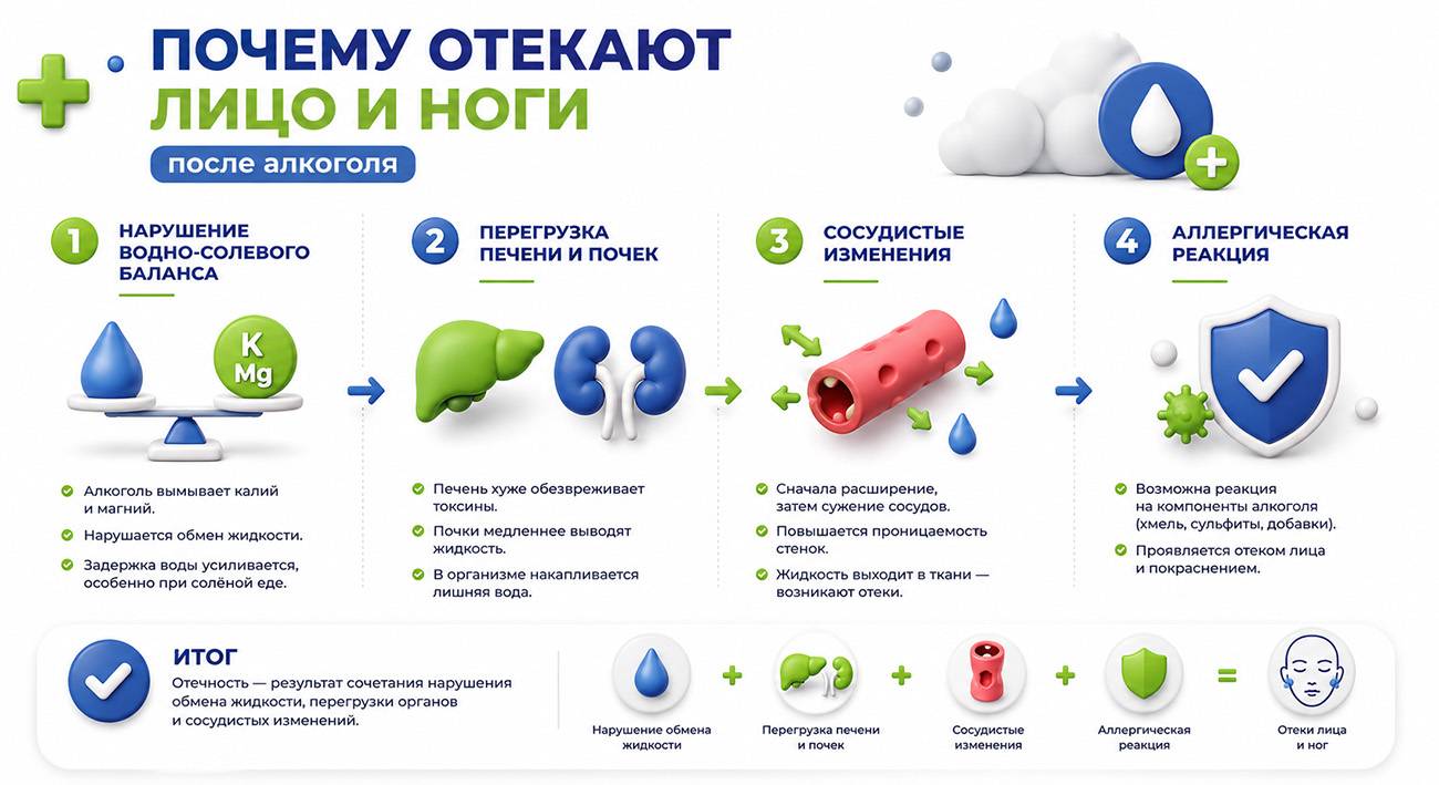 Почему отекают лицо и ноги после алкоголя &mdash; клиника Наше Здоровье