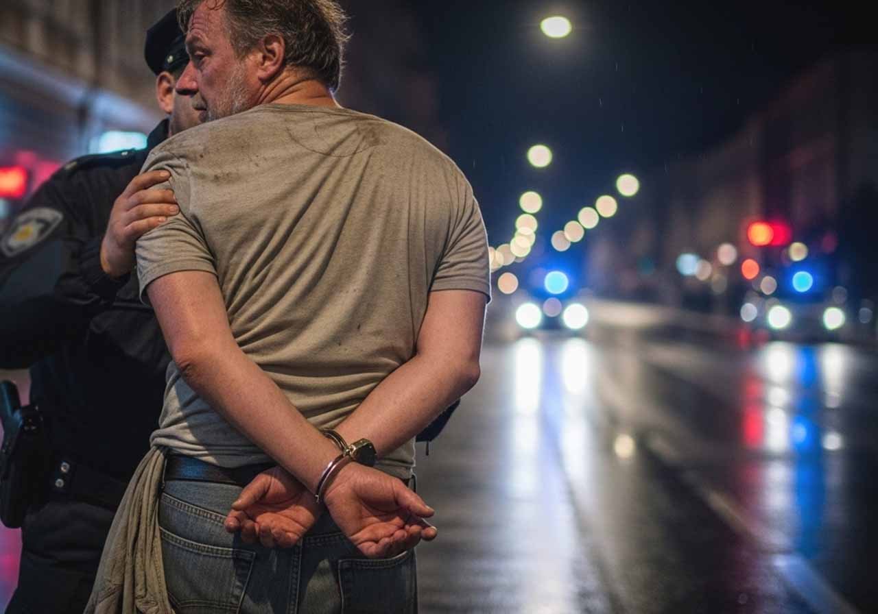 Полицейский держит мужчину в наручниках