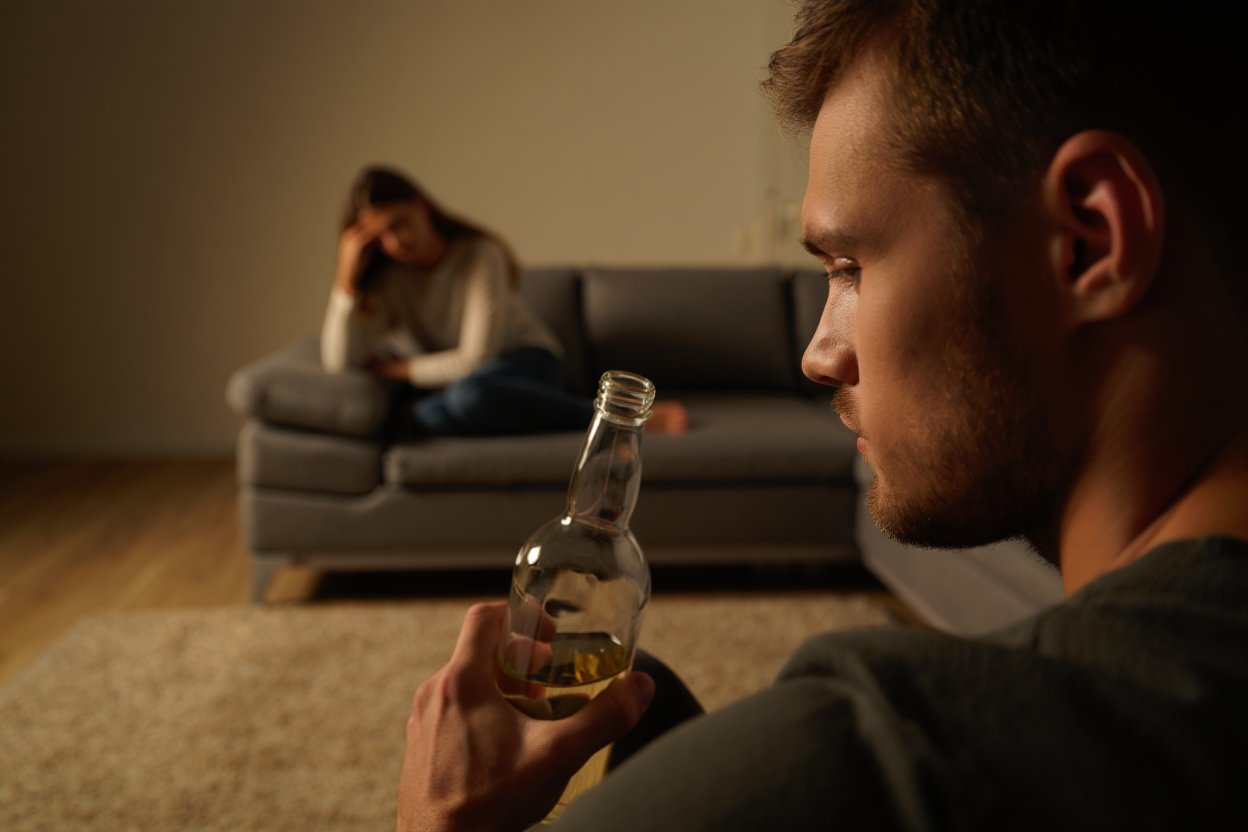 девушка сидит обиженная на диване, перед ней стоит мужчина с бутылкой алкоголя в руках